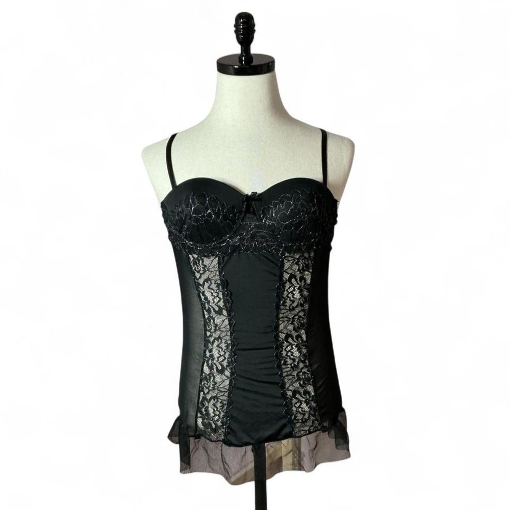 Black Bustier Corset Lingerie Lace Sheer Ruffle Women Size L Whimsigoth